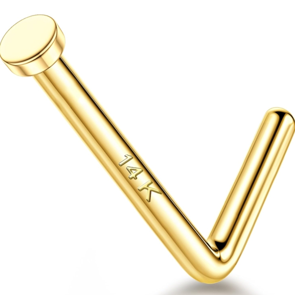 14K Real Gold L-Shaped Nose Ring Stud Hypoallergenic: 20 gauge, 1.5mm